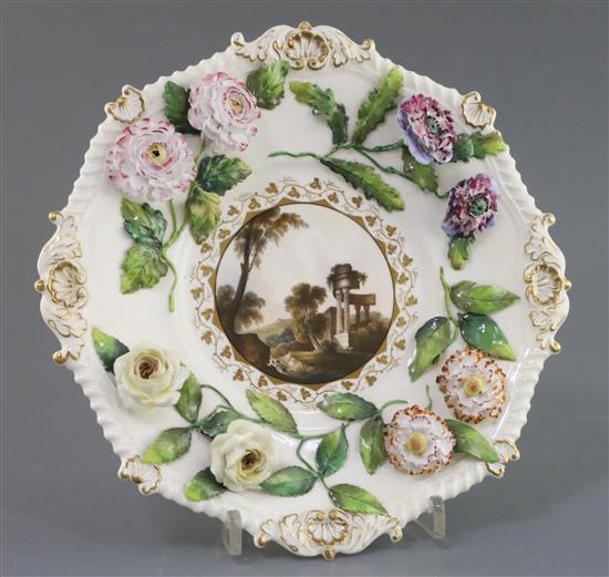 A rare Rockingham porcelain octagonal cabinet plate, c.1830-42, W. 25cm